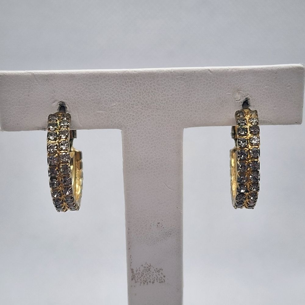 Vintage Les Bernard Gold & Clear Rhinestone Hoop Earrings